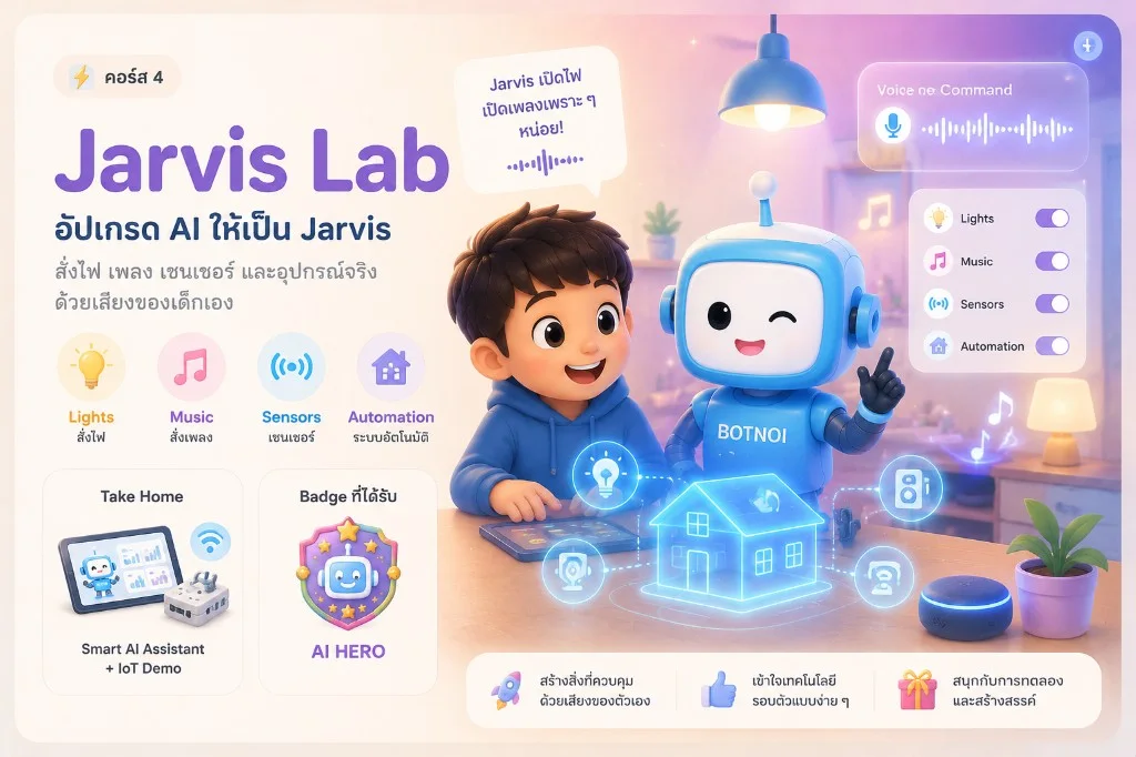 คอร์ส 4 Jarvis Lab เด็กใช้เสียงควบคุมไฟ เพลง เซนเซอร์ และระบบอัตโนมัติ